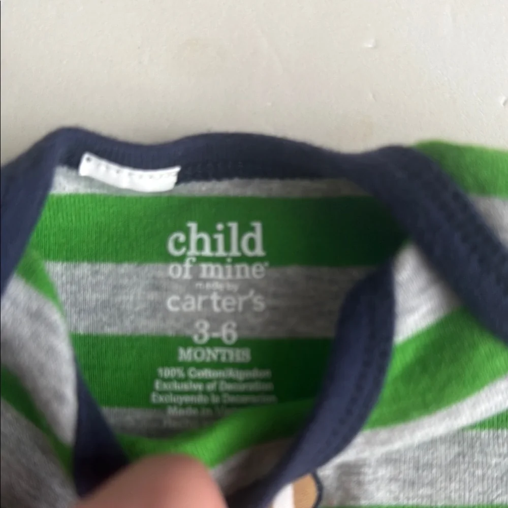 Carter’s Striped Green & Gray “Draft Pick” Long Sleeve Onesie Boys 3-6 Mos